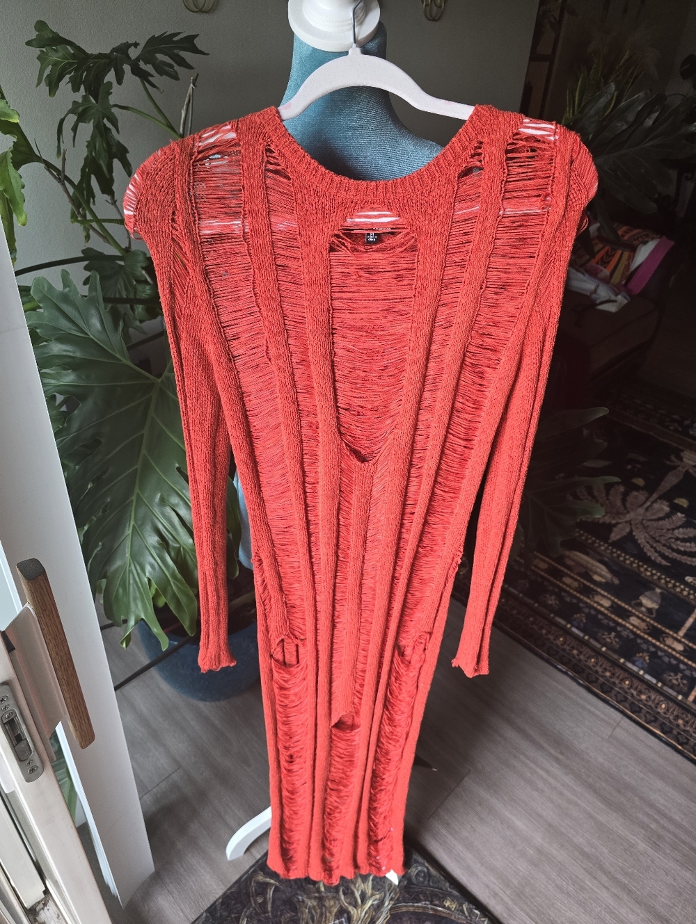 Distressed Open-Weave Long Knit Dress - Bright Coral Burnt Orange